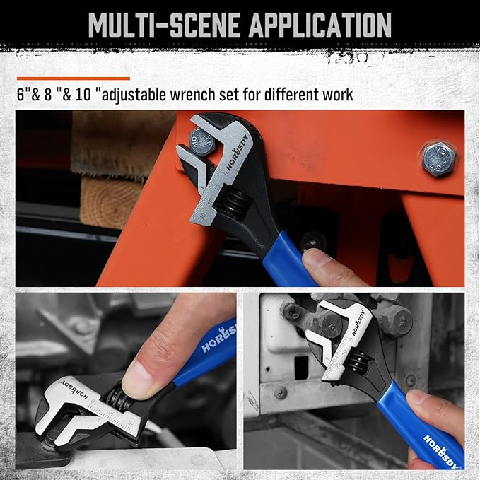 HORUSDY 3 Piece Adjustable Wrench Set, Wide Jaw Black Oxide Wrench, Metric & SAE Scales, Cr-V Steel, for Home, Garage, Workshop