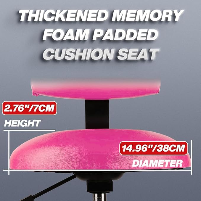 Shop Stool with Backrest, Mechanic Garage Stool for Workshop, Adjustable Shop Stools Chair, Padded Workbench Stools for Men Women, 300 LBS Capacity, 360° Swivel PVC Seat, Heavy Duty, Pink