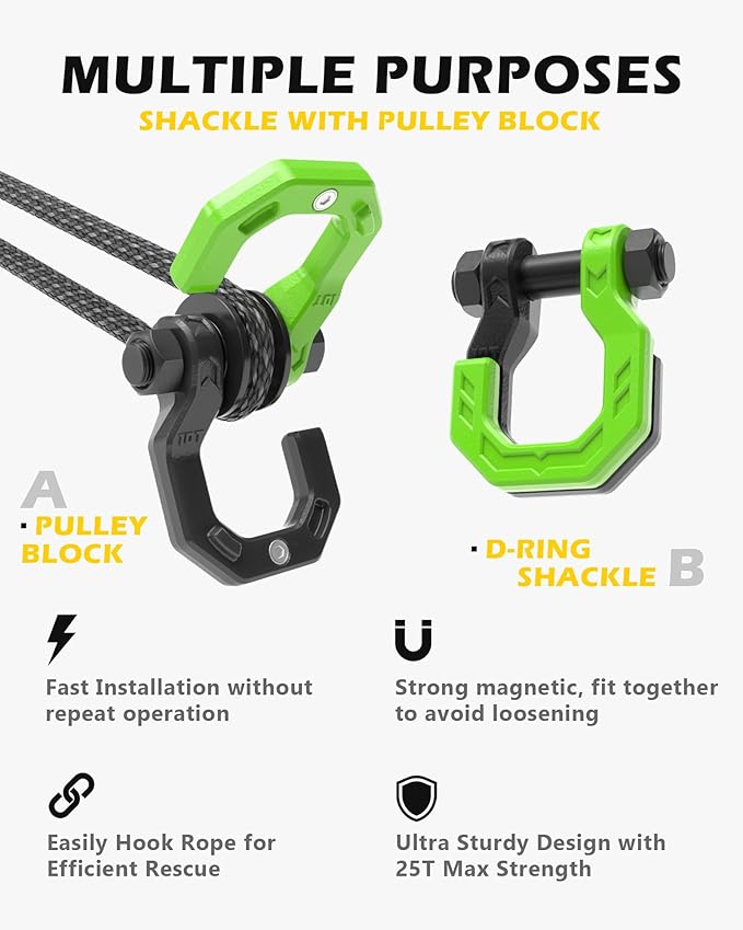 Separate D-Ring Shackle with Pulley Block, Towing Winch Snatch Block & 3/4" Separate D-Ring Shackle 2in1 Set, 57320lbs(26T) Breaking Strength, for Recovery, Blackgreen