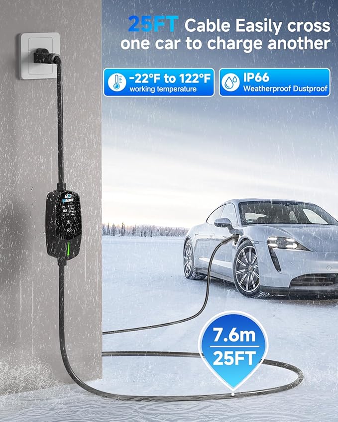 Level 1 & 2 EV Charger, 16A 110-240V Home Electric Vehicle Portable Charger with 25FT Cable, Adjustable Current & Delay Timer, LCD Display, EV Charging Station Compatible with All J1772 EVs