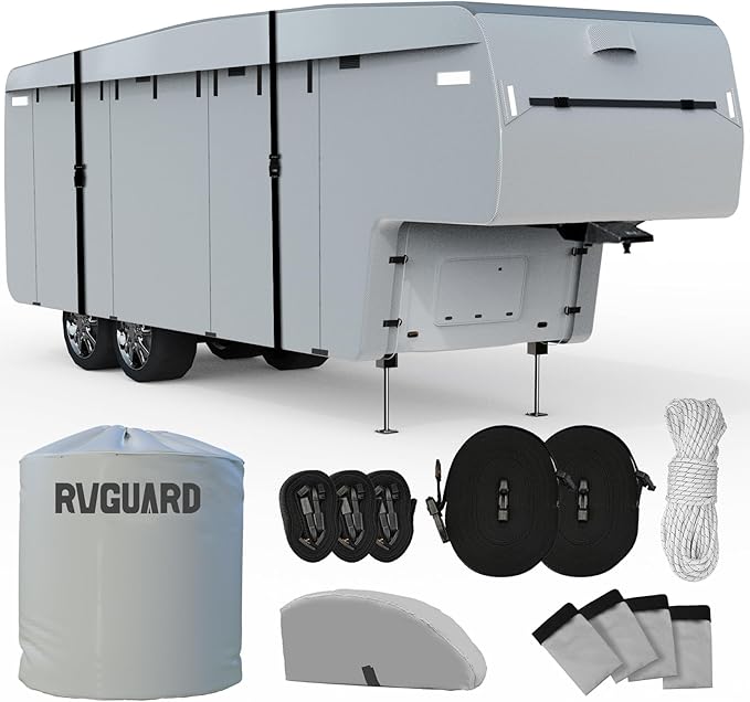 RVGUARD 5th Wheel RV Cover, Camper Cover for 26' - 29' RV, 6 Layers Anti-UV Windproof Waterproof Fifth Wheel Cover, with Storage Bag and Straps, Grey