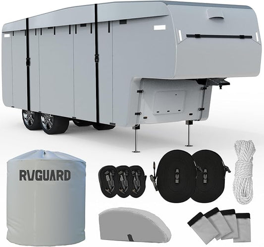 RVGUARD 5th Wheel RV Cover, Camper Cover for 29' - 33' RV, 6 Layers Anti-UV Windproof Waterproof Fifth Wheel Cover, with Storage Bag and Straps, Grey
