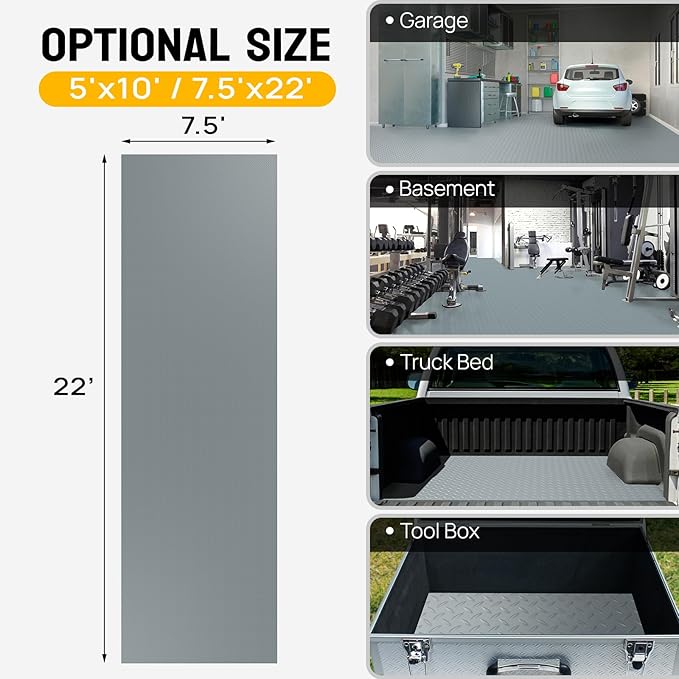 TUFFIOM 7.5x22 FT Garage Floor Mat, Thickened Diamond Plate PVC Garage Mats Flooring Roll for Under Car, Garage Parking Mats for Floor Large SUVs, MPV, Pickup Truck, RV