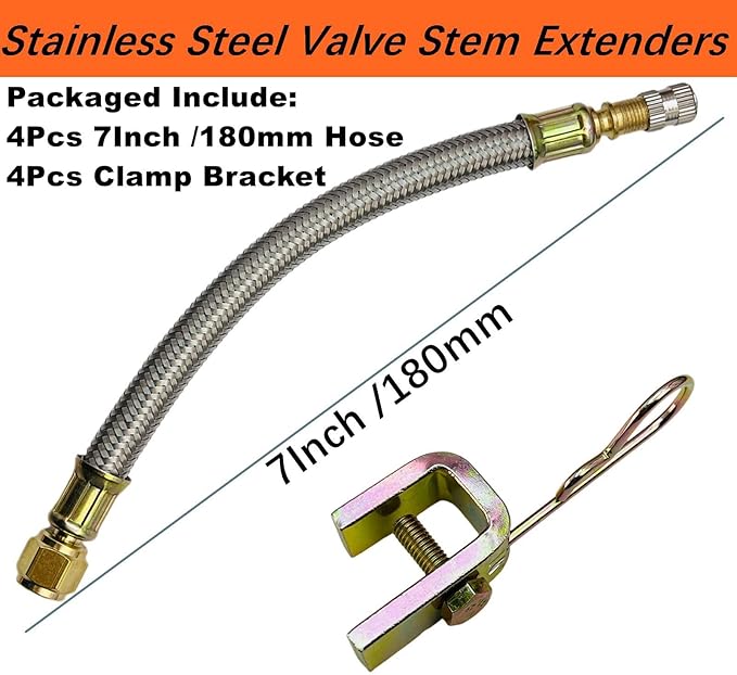 Valve Stem Extenders,4Pcs 7"/180mm Flexible Hexagon Base Valve Stem Extensions,Stainless Steel Tire Extenders Braided Valve Extenders Adaptors Universal for Most Car Truck Trailer RV Vehicles