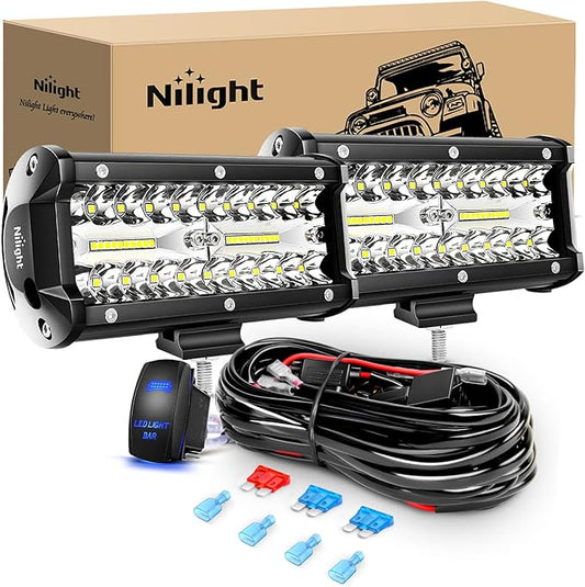 Nilight 6.5Inch 2PCS 120W Spot & Flood Combo Bar Driving Waterproof Led Work Light Triple Rows with 5 Pin Rocker Switch Power 16AWG Wiring Harness Kit-2 Leads for Off-Road Truck , 2 Years Warranty