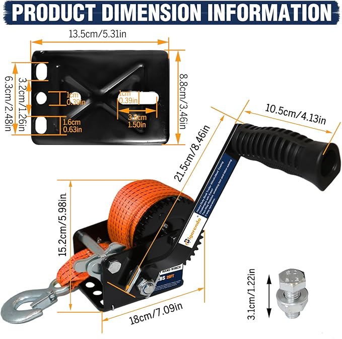 1200LBS Heavy Duty Boat Trailer Winch, 2-Way Ratchet with 4:1Gear, Boat Trailer Winch with 26FT Strap, Portable Hand Crank Winch for Boat, Trailer,Truck, RV, ATV, Jet Ski