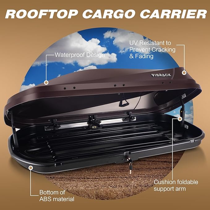 Rooftop Cargo Box Carrier Large 14 Cubic Feet Car Top Mount Travel Luggage Storage, Dual Side Opening, Heavy Duty Waterproof Rooftop Storage Box Extra Keys, Straps (Brown)