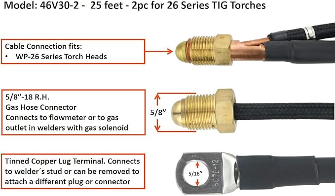 SÜA - TIG Torch Power Cable - Model: 46V30-2 - 25 feet - 2pc for 26 Series TIG Torches