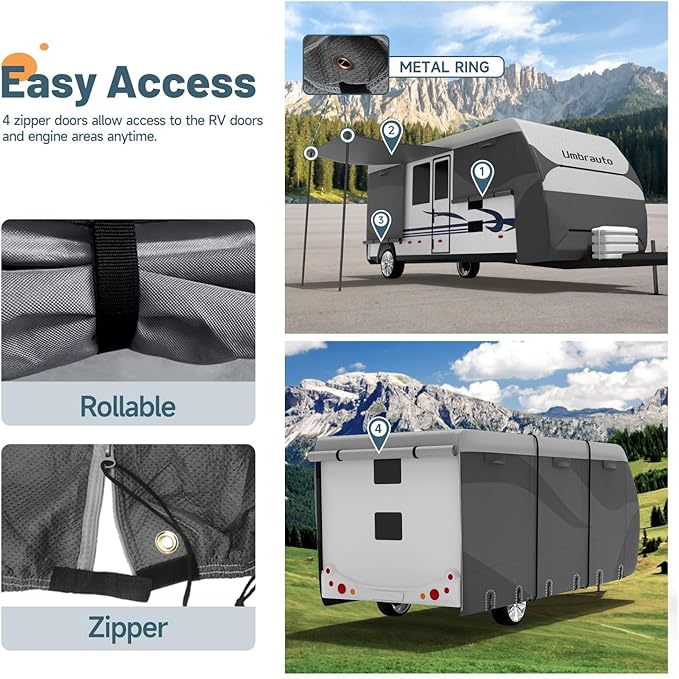 Umbrauto Travel Trailer RV Cover 23-24ft, Waterproof & Ripstop Camper Cover with 4-Layer Sides, Sun and Snow Protection, Extra Windproof Ropes, Fits Toy Hauler