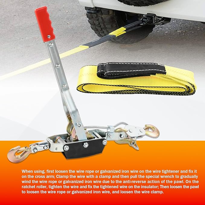 5 Ton Heavy Duty 3 Hook Steel Cable Dual Gear Power Puller Come Along Chain Winch Ratchet Tool with 3'' Inch x 8' Foot Winch Strap, Tow Strap (30,000 BLS Capacity)