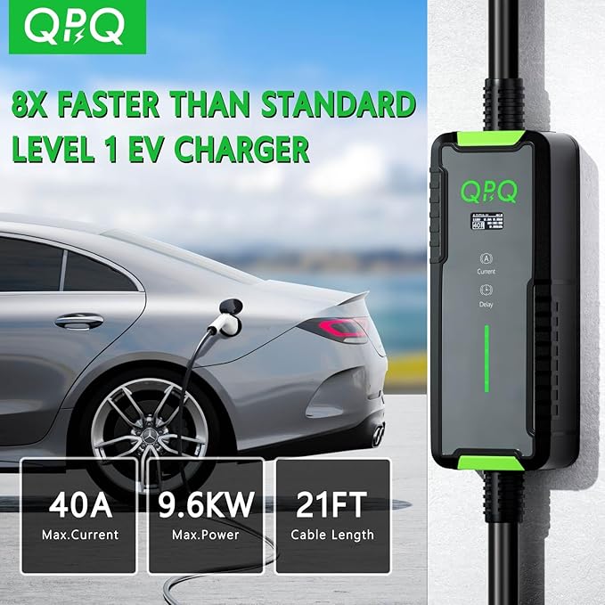 QPQ Level 2 EV Charger 40A 240V, Portable Electric Vehicle Charging Stations with Adjustable Current/Timing Delay, J1772 EV Car Charger Level 2 Charger with 21 FT Cable, NEMA 14-50 Plug