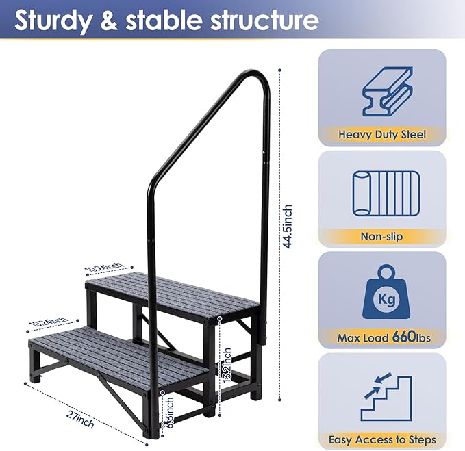 2-Step RV Steps with 1 Handrail, Heavy-Duty RV Stairs for Camper, Hot Tub, Trailer & Porch with Non-Slip Mats
