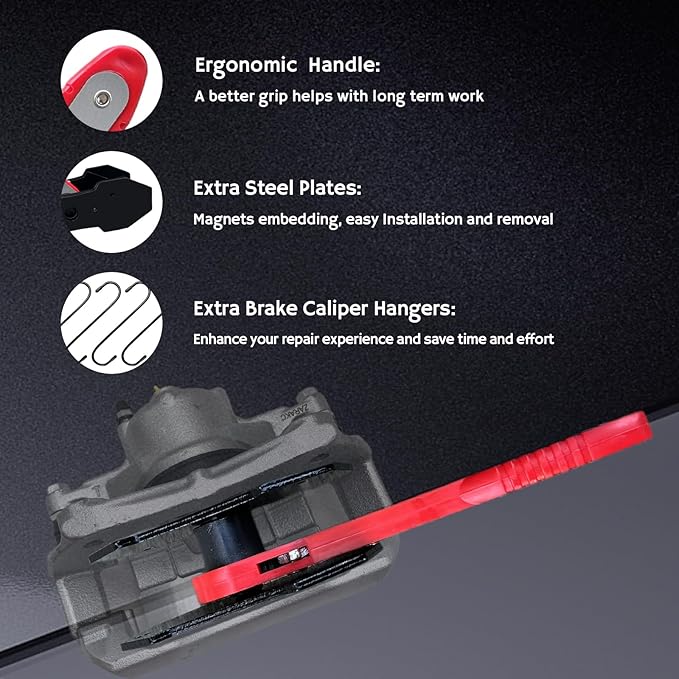 Brake Caliper Compression Tool with 2 PCS Plates, 360° Ratchet Piston Compressor, with 4 PCS Caliper Hangers, Press Tool for Single Twin Quad Sextuplet Piston Disc Brake Caliper,Red