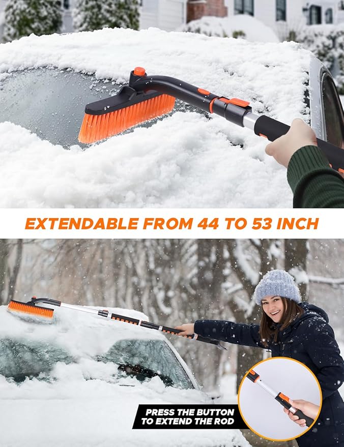EcoNour 53″ 3 in 1 Extendable Snow Brush with Ice Scraper for Car Windshield | 360° Pivoting Long Snow Brush for SUV, Truck, and Car | Winter Car Accessories
