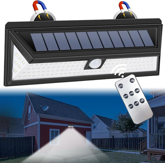 Magnetic Solar Outdoor, RV Light with Motion Sensor, 118 LED Waterproof Solar Security Light, Magnets Wireless Wall & Fence Lamp with Remote, Easy Install for RV, Garage, Driveway, Porch, Yard