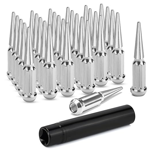 1/2‘’-20 Lug Nuts, Set of 24 Chrome Spline Spiked Lug Nut with Key for Chevrolet Silverado 1500, Ford F-150 1997-2024, Dodge Ram 1500 1994-2024, Toyota Tacoma 1995-2024