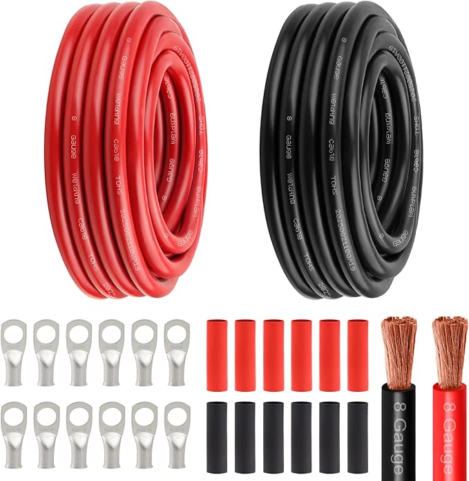 8 Awg Battery Power Cable -20FT Red + 20FT Black 8 Gauge Flexible Welding Cable OFC Copper Wire with Lugs Terminal Connectors and Heat Shrink Tube for Automotive, Battery, Inverter,Boat and Generator