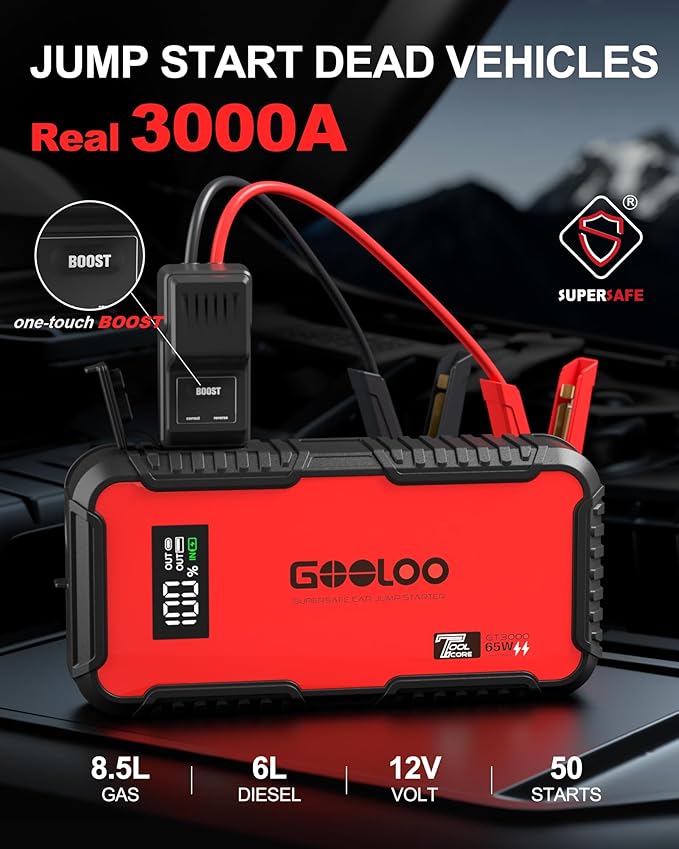 GOOLOO GT3000 Jump Starter, 3000A Battery Jumper Starter Portable with 65W Quick Charge, 12V SuperSafe Lithium Battery Booster(8.5L Gas/6.0L Diesel), Jump Box Pack with Jumper Cables