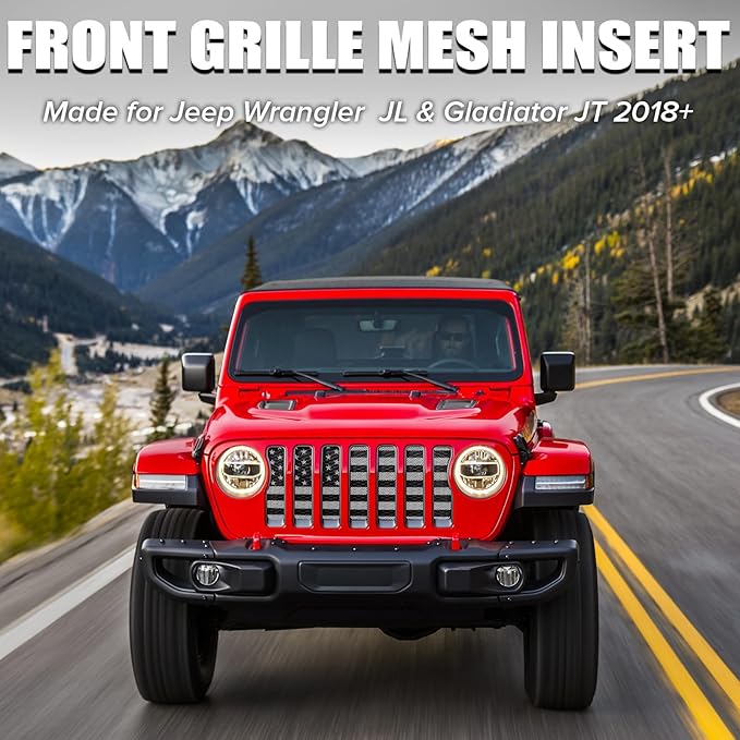 moveland Grill Insert with US Flag - Aluminum Alloy Mesh Grille Grid Insert Screen Compatible with Jeep Wrangler JL & Jeep Gladiator 2018 2019 2020 2021 2022 2023 2024