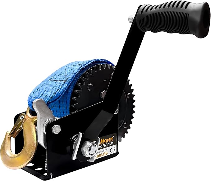 1200lbs Heavy Duty Boat Trailer Winch,Hand Winch with 33ft Blue Polyester Strap,4:1Gear Portable Winch with Hook,Two Way Ratchet and Two Speed Switchable for Boat Jet Ski Trailer