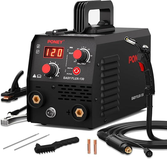 PONEY 120A Flux Core MIG Welder 110V - 3 in 1 Gasless MIG/Stick/Lift TIG Welding Machine with Synergic Control IGBT Inverter Multi-process Portable Wire Feed Welder