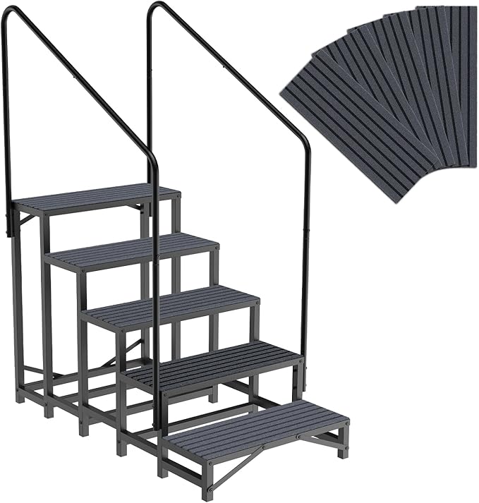 RV Steps with Handrail, 5 Steps RV Stair, Mobile Home Stairs for Camper, Trailer, hot tub, Steps with Non-Slip mat, 660lbs Capacity