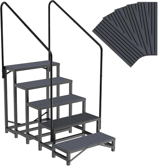 RV Steps with Handrail, 5 Steps RV Stair, Mobile Home Stairs for Camper, Trailer, hot tub, Steps with Non-Slip mat, 660lbs Capacity