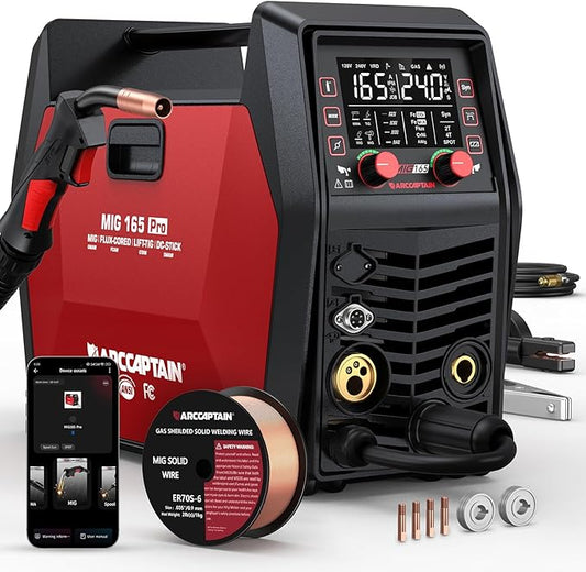 ARCCAPTAIN iControl MIG165 Pro MIG Welder 165A 120V 240V Gas MIG/Gasless Flux MIG/MMA Stick/Lift TIG/Spot Welding/Spool Gun Aluminum Welding Machine, 6 in 1 Professional Welder Machine, APP Control