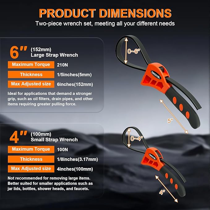 2-Piece Heavy-Duty Strap Wrench Set Upgrade – Adjustable Oil Filter Wrench, Reinforced Rubber - Jar Opener, Plumbing Tool for Shower Heads, Water Filters, Pipes (4" to 6" Diameter)