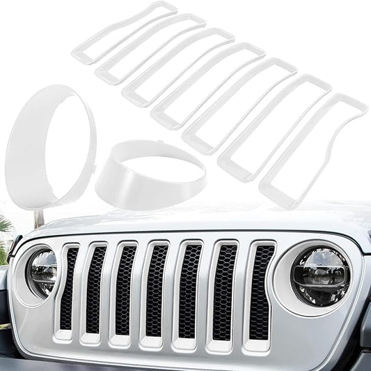Front Grille Mesh Inserts & Headlight Cover for Jeep Wrangler JL JLU Unlimited Sport/Sports 2018-2023 Exterior Accessories Clip-in Grille Guard Cover Headlight Bezels Trim Ring (White 9PCS)