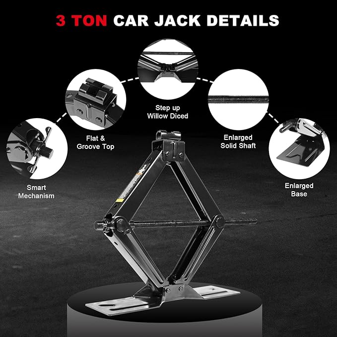 Big RED Car Jack 3Ton/6610 lbs Universal Scissor Jack with Rubber Pad, Portable Tire Changing Kit with Lug Wrench, Emergency Kit for Sedan SUV MPV