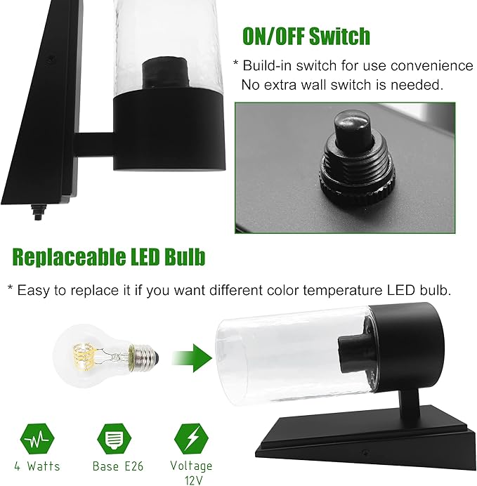 12V LED RV Wall Sconce with Switch(1X E26 Bulb Included), 12Volts RV Interior Light Fixture with Water Glass Shade, RV Bedside Reading Light for RV Boat Motorhome Caravan Trailer