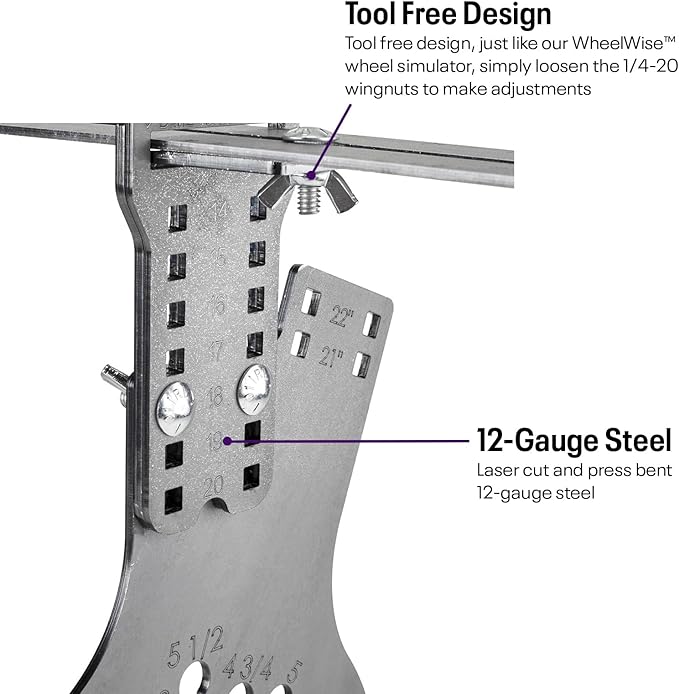 Speedway Motors WheelWise™ 5-Lug Wheel Fitment Tool with Tire Size Attachment, Simulates 14-22 Inch Rim Diameter, 8-14 Inch Tire Width, 2.5-11.5 Inch Sidewall, Laser Cut Steel