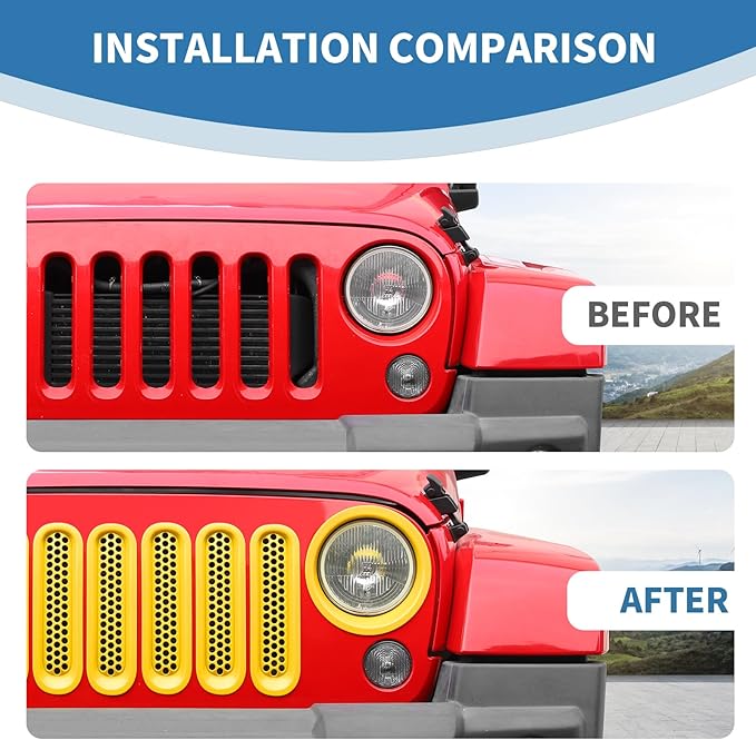 for Jeep JK Front Grille Inserts & Headlight Cover Trim Ring for Jeep Wrangler JK JKU 2007-2017 Yellow Exterior Accessories 9pcs