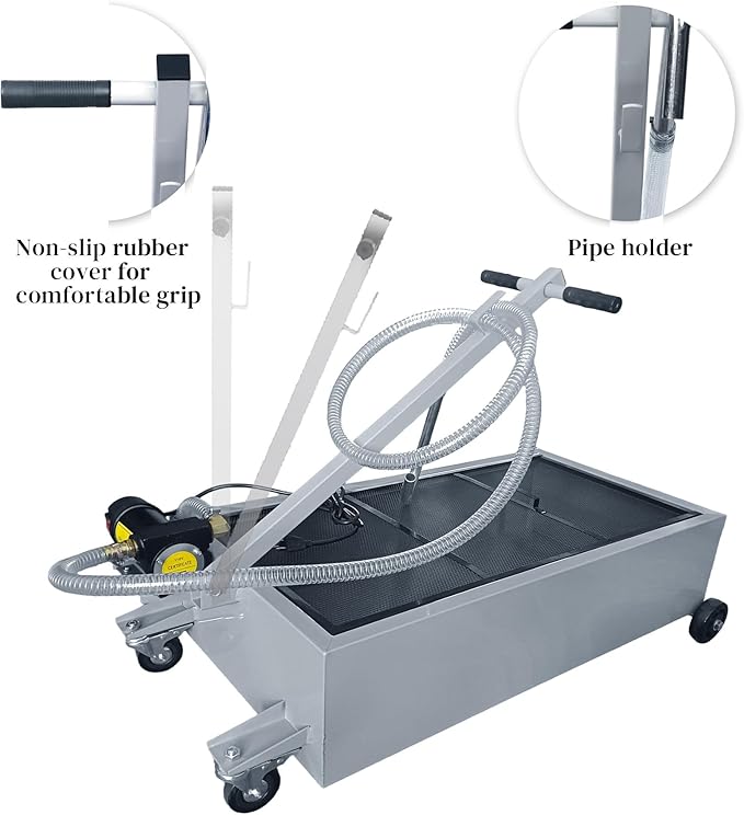 25 Gallon Oil Drain Pan with Electric Pump, Low-Profile Oil Pans for Changing Oil, T-Handle and J-Hook Makes Drain Easier, Gray