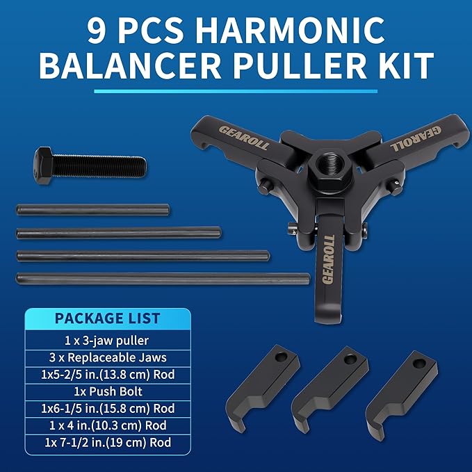 Harmonic Balancer Puller Remove Extractor Kit Set, Adjustable 3-Jaw Puller for Removing Harmonic Damper Pulley Compatible with Chevy GM Chrysler ect.