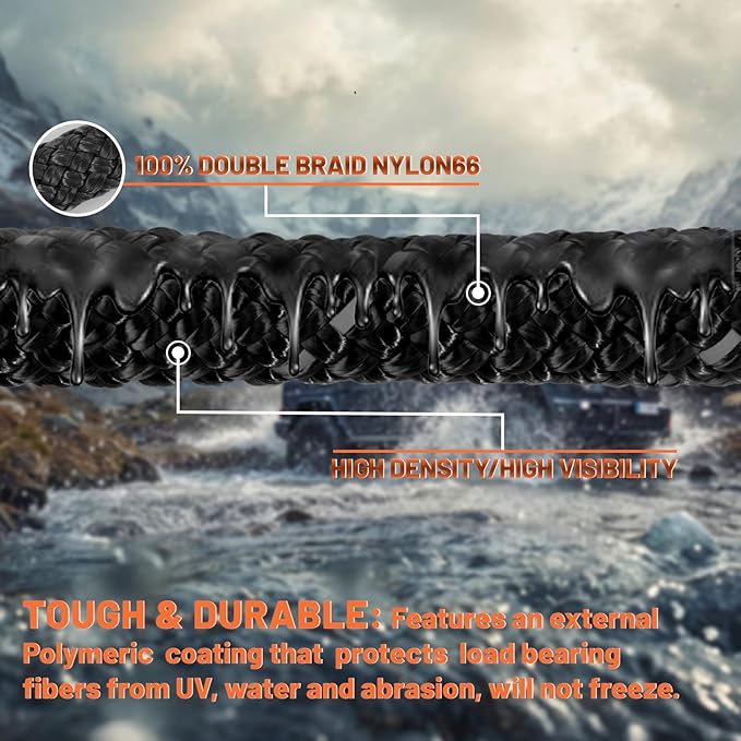 1.26" x 30ft Heavy-Duty Kinetic Recovery Rope – 56,000lbs Break Strength – Includes 2 Ultra-Strong UHMWPE Soft Shackles – Ideal for Trucks, SUVs, Jeeps, UTVs, ATVs & Tractors (Black)