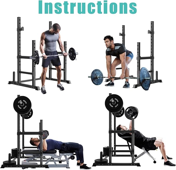 VivZen Adjustable Squat Rack & Bench Press Stand – Multi-Functional Home Gym Power Rack for Barbell, Dumbbell, and Push-Up Workouts–Heavy-Duty Steel Construction (34" to 57" Height, 600 lbs Capacity)