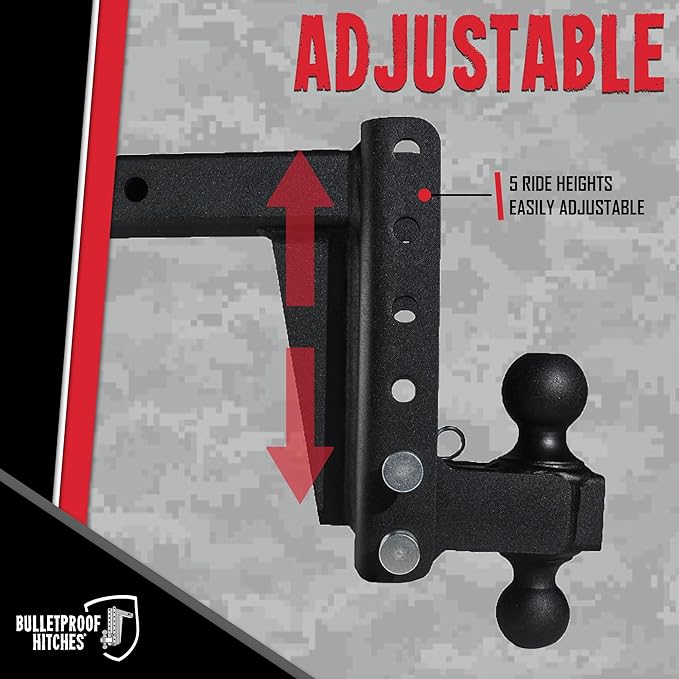 BulletProof Hitches - 2.0" Adjustable Medium Duty Trailer Hitch (14,000 lb. Rating) - 6" Drop/Rise Trailer Hitch with 2" & 2-5/16" Dual Ball - Powder Coat, Box Steel, Corrosion-Resistant