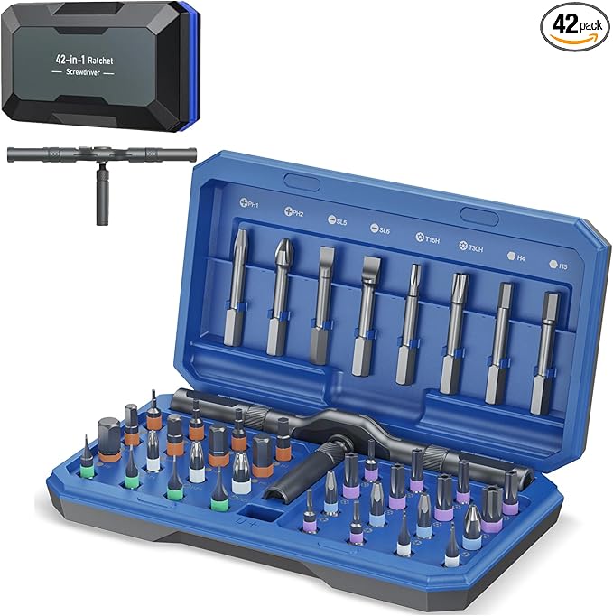 Upgraded 42 in 1 Magnetic Screwdriver Set, Ankilo DIY Ratchet Screwdriver Set With T Handle, Blue Portable Storage Case, DIY Repair Tool Kit Gifts, for Home, Bike, Repairs for Christmas Gifts