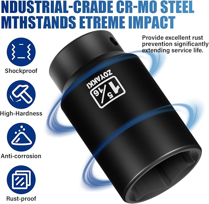 1/2" Drive SAE Impact Socket Set（3/8" to 1-1/2"),19 Pcs Heavy Duty CR-MO Deep Sockets,6 Point Design for Large Vehicle and Apparatus Maintenance