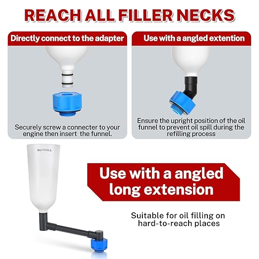 BILITOOLS 20-Piece Oil Funnel Kit for Engine Oil Change, 2.2 QT Automotive Funnel Set with 15 Adapters & Air Filter Regulator, One-Hand Operation, Compatible with GM, VW, Ford, BMW, Audi and More