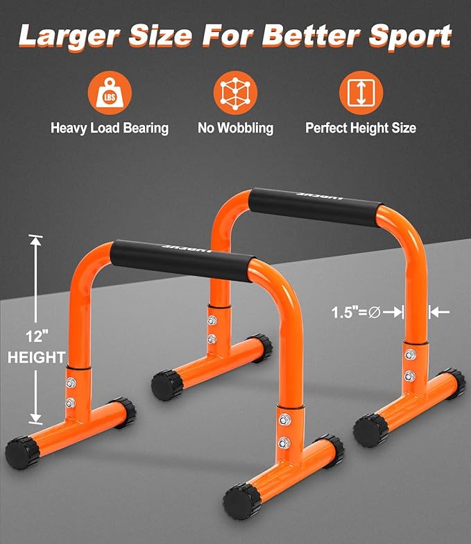 TABEKE Push Up Bar, 12" High Parallettes Bars & Dip Bar With Full-Cover Foam Handles, No Wobbling Calisthenics Equipment For Handstand, L-Sit, Gymnastics, Strength Training Home Gym