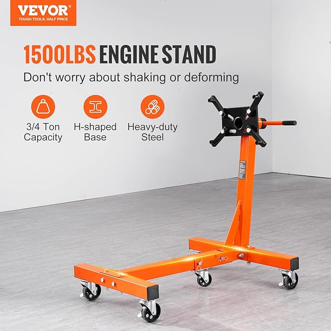 VEVOR Engine Stand, 3/4 Ton (1500 LBS) Capacity Engine Motor Stand, with 360-Degree Rotating Head, Heavy-Duty Steel Engine Lift Stand with 5-Casters, 4 Adjustable Arms, Orange