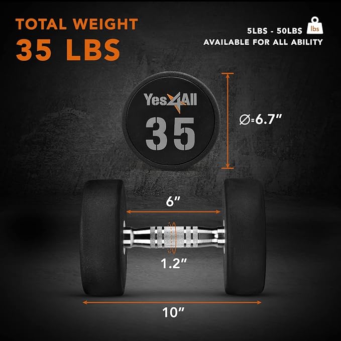 Yes4All Urethane Dumbbell with Anti-Slip Knurled Handle 5-50 LB for Muscle Building - Sold Individually