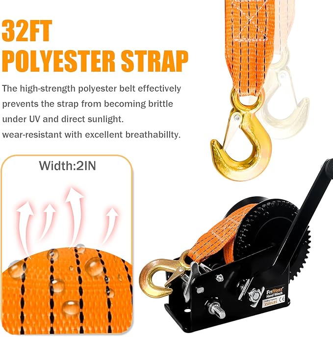 Boat Trailer Winch 3500lbs, Heavy Duty Hand Winch with 33FT Polyester Strap, 4:1/8:1 Gear Portable Winch with Hook, 2 Way Ratchet Manual Winch for Boat, Jet Ski, Truck-Includes Installation Screws