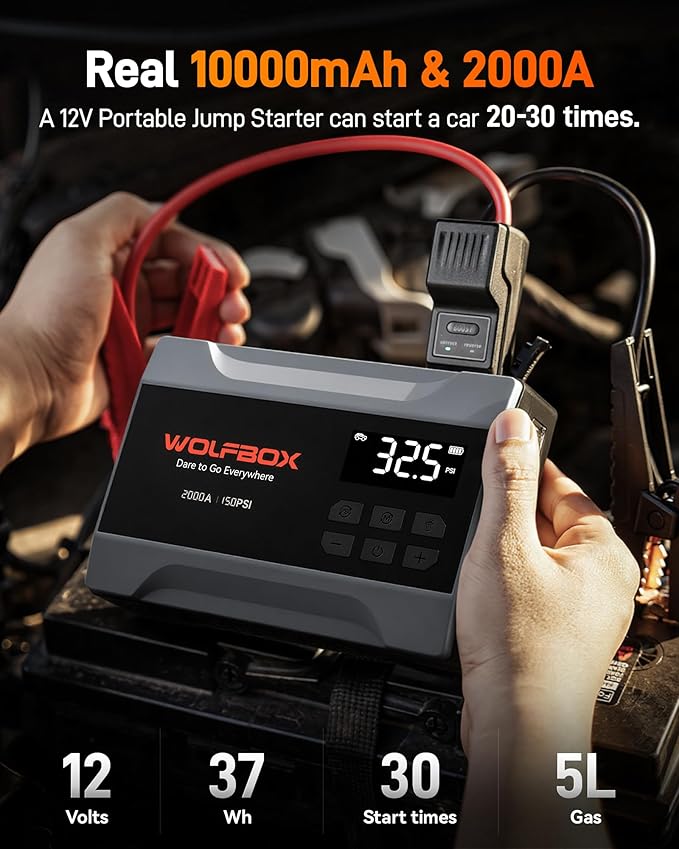 WOLFBOX 2000A Jump Starter with Air Compressor, 10000mAh Car Battery Jumper Starter Portable (up to 5L Gas Engine) with 150PSI Tire Inflator, 12V Jump Box with Jumper Cables, Boost, LED Light