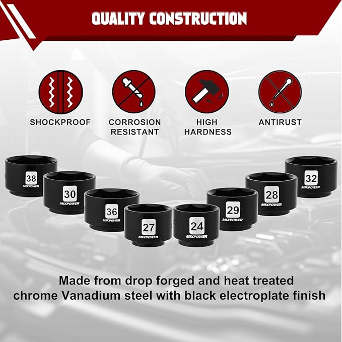 MIXPOWER 8 Pieces 3/8" Drive Low Profile Oil Filter Socket Set, 24mm, 27mm, 28mm, 29mm, 30mm, 32mm, 36mm, 38mm, Oil Filter Cap Remover and Installer Tool Set
