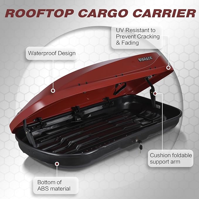 Red Rooftop Cargo Box Carrier Large 13 Cubic Feet Car Top Mount Travel Luggage Storage, Dual Side Opening, Roof Cargo Boxes Waterproof Rooftop Storage Box Extra Keys, Straps