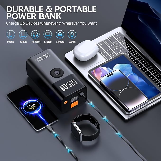 Jump Starter with Air Compressor, LERTIN 3500A 150PSI Portable Car Battery Jump Starter Pack, for Up to 9.0 Gas/8.0L Diesel Engine, 12V Jump Box with USB Quick Charge/3 Modes Lights/Large LCD Display